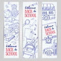 Back to School vertical banners. Sketchy stationery, blackboard, bus Royalty Free Stock Photo