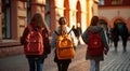 Back to school. Back view of group of girls with backpacks walking on the street