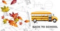 Back to school watercolor card Vector. Yellow bus and leaves. Math symbols backgrounds Royalty Free Stock Photo