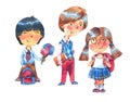 Watercolor cute school children with backpacks Royalty Free Stock Photo