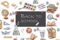 Back to school watercolor illustration english lettering back to school hand drawn baner background items portfolio school bl