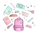 Back to school. Watercolor illustration. Stationery and school stuff.