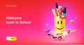 Back to School web banner with different pencils in holder and social media icons. Creative educational poster, ad