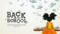 Back to school web banner with school girl with afro puff hair in classroom at lesson, flying books surround, checkered Royalty Free Stock Photo