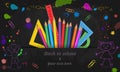 Back to school web banner with hand drawn doodle boy and girl isolated on black chalkboard background with colorful paint splashes Royalty Free Stock Photo