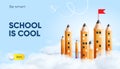 Back to school, web banner, poster. Pencils like school buildings surrounded by clouds