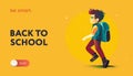 Back to school web banner, yellow background. Child boy with school backpack Royalty Free Stock Photo