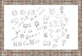 Back to school welcome set. design concept education supplies icons on wooden background. hand draw doodle illustration Royalty Free Stock Photo