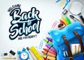 Back to School In White Background Banner with Blue Backpack and School Supplies Royalty Free Stock Photo