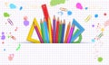 Back to School white background with colorful school supplies, grid paper pattern and paint splashes. Measure ruler, protractor Royalty Free Stock Photo