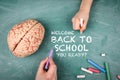 BACK TO SCHOOL. Woman's and child's hand with chalk on a green chalk board background Royalty Free Stock Photo