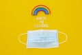 Back to school word and a rainbow and face medical mask over yellow background.