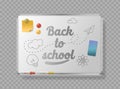 Back To School Writings On A Whiteboard With Educational Elements Such As A Paper Plane, Clouds, Lightbulb, And Atom