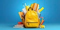 Back to school. Yellow backpack with books and school stuff on blue background