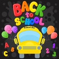 Back to school. Yellow Bus. Colorful title and elements in black background. Vector illustration. Royalty Free Stock Photo