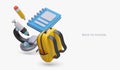 Back to school. Yellow realistic backpack, microscope, notebook, pencil Royalty Free Stock Photo