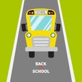 Back to school. Yellow school bus kids. Green grass and road. Cartoon clipart. Transportation. Full face view. Baby collection. Gr