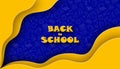 Back to school. Yellow wavy paper forms on blue background with school elements doodle pattern