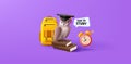 Back to scool banner with 3d illustration of owl in graduation hat sitting on books with backpack and clock and speech Royalty Free Stock Photo