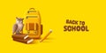 Back to scool banner with 3d illustration of owl sitting on bokks with pencil and backpack, education