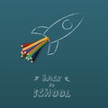 Back to shool poster vector template with space rocket and color pencils, hand drawing on chalkboard. Creativity symbol