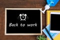 Back to work, back to normal life concept background with text and alarm clock ,alcohol gel ,notebook and smart phone on business Royalty Free Stock Photo