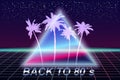 Back to 80's retro banner vaporwave aesthetic background Synthwave. Palms silhouette triangle grid 3d, sunset