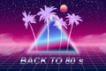 Back to 80's retro banner vaporwave aesthetic background Synthwave. Palms silhouette triangle grid 3d, sunset Royalty Free Stock Photo