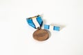 Back of UN Peacekeeper`s medal and service ribbon Royalty Free Stock Photo