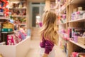 Back view of adorable little girl shopping for toys. Cute female in toy store. Happy young girl selecting toy