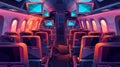 Back view of an aircraft cabin with screens and seats inside. Dark economy class plane interior with chairs and folding Royalty Free Stock Photo