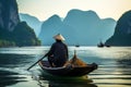 Back view of alone asian fisherman swimming in river in wooden boat. Generative AI