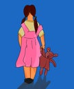 Back view of alone walking girl child with sad faced doll in hand - concept of child abuse