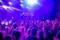 Crowd dancing to music during concert in neon lights Royalty Free Stock Photo