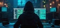Back view of anonymous female hacker coding malicious virus on high-performance computer at midnight. Focused programmer working Royalty Free Stock Photo