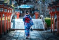 Back view of asia woman with kimono and Japanese umbrella against sakura flower background Royalty Free Stock Photo