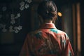 Back view of Asian woman in traditional Japanese Yukata garment. Generative AI