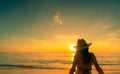 Back view of Asian woman wear bikini and straw hat sit on sand beach relax and enjoy holiday at tropical paradise beach. Woman Royalty Free Stock Photo