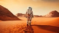 Back view of an astronaut walking on a surface of Mars planet. Generative AI Royalty Free Stock Photo