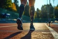 Back view of athlete with a prosthetic leg standing on running track at the stadium Royalty Free Stock Photo