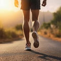 Back view of athlete runner feet running on the road, rainy season, By AI Generative