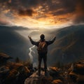 Back view, backpacker on rocky peak, arms raised, captivated by misty mountain scenery