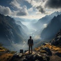 Back view, backpacker on rocky peak, arms raised, captivated by misty mountain scenery