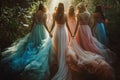 back view of a beautiful bride with her four bridesmaids