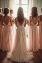 back view of a beautiful bride with her four bridesmaids in pink dresses