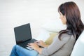 Back view beautiful concentrated woman with laptop on sofa