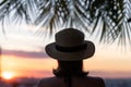 Back view of a beautiful girl in a straw hat against the background of the sea in branches of palm trees. Sunset beach. Summer Royalty Free Stock Photo