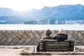 Back view of beautiful happy elderly japanese couple