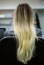 Back view of beautiful woman demonstrating her gorgeous blonde hair. beauty salon. highlights