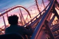 Back view from behind unrecognizable alone male guy unknown man riding rollercoaster amusement park amazing attraction